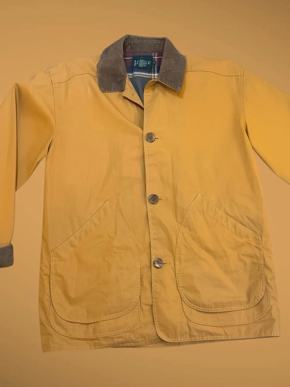 Vintage J. Crew Flannel Lined Chore Coat Jacket Men’s Medium Tan Barn 90s Vtg